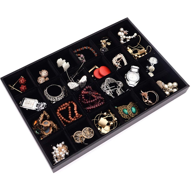 Pimuza Black Velvet Stackable 24 Grid Jewelry Tray Showcase Display Organizer Holder Dividers for Teen Stud Drop Earring, Watch, Bead, Trinket Storage Adjustable Box Case Dish for College Dorm Woman Drawer - Image 2